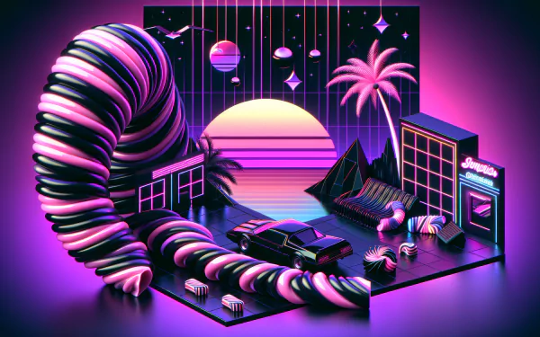 HD desktop wallpaper featuring a vibrant retro-futuristic scene with licorice-inspired spirals, neon landscape, and sunset backdrop.