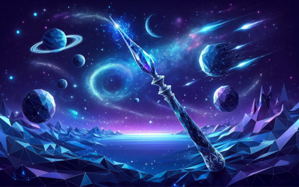 HD desktop wallpaper featuring a magical wand casting a spell with a vibrant cosmic background of planets and stars.
