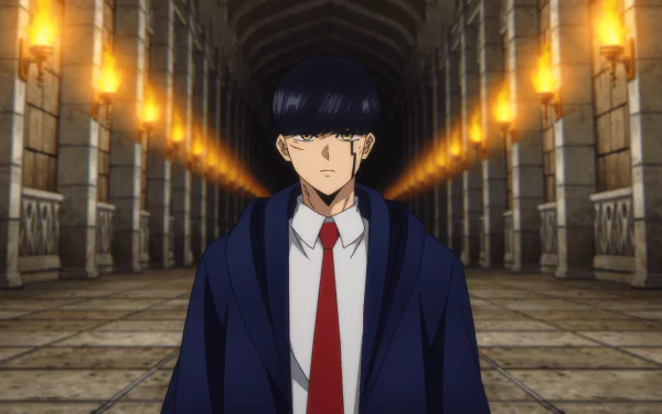 HD Anime Wallpaper featuring Mash Burnedead from Mashle: Magic and Muscles standing in a grand hallway with torchlit walls.