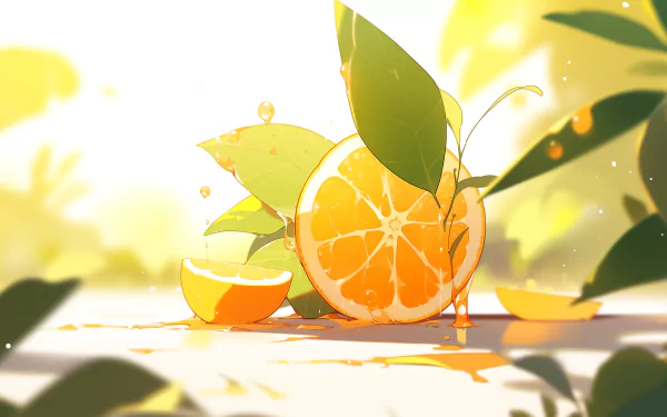 A vibrant HD desktop wallpaper featuring a fresh orange, slices, and green leaves, with sunlight illuminating the juicy fruit and surrounding foliage.