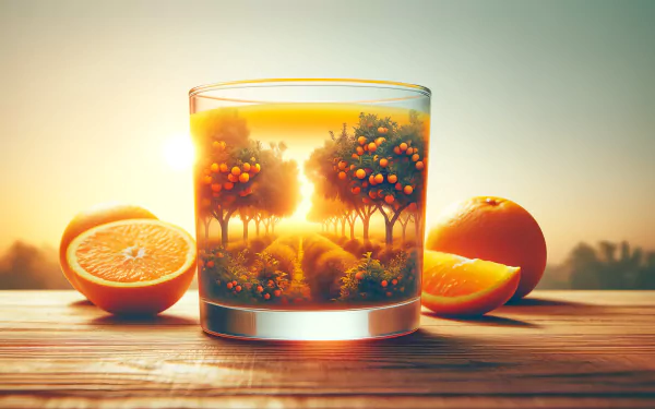 HD wallpaper featuring a refreshing glass of orange juice with oranges on a wooden surface against a vibrant sunrise backdrop.