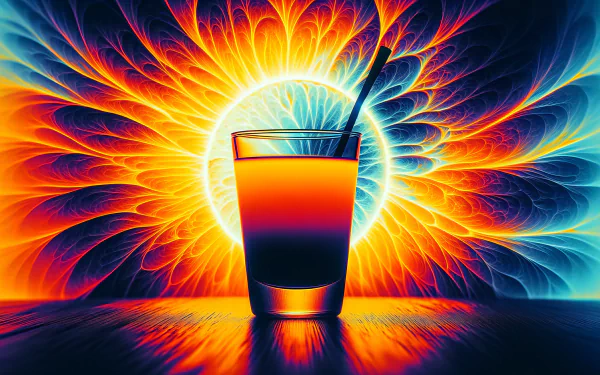 Vibrant HD desktop wallpaper featuring a glass of orange juice with a dynamic, colorful abstract background resembling a fiery sunrise.