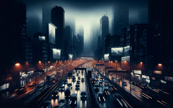 A stunning HD wallpaper featuring a bustling cityscape at night, showcasing heavy traffic amidst tall buildings and illuminated billboards, creating a vibrant urban atmosphere.