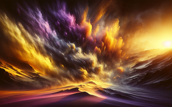 HD wallpaper of a vibrant artistic sandstorm with swirling purple and orange hues against a starry sky, ideal for desktop background.