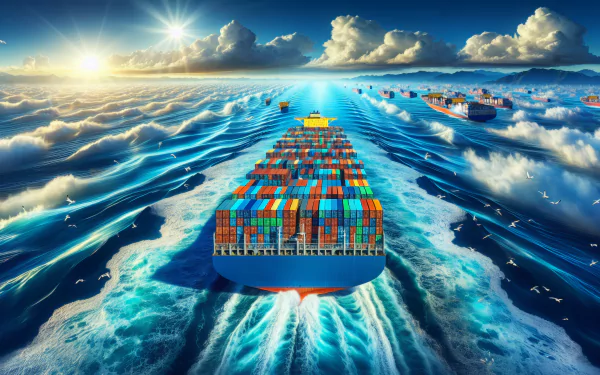 HD wallpaper featuring a container ship sailing on a vibrant ocean with clouds and sun rays in the background.