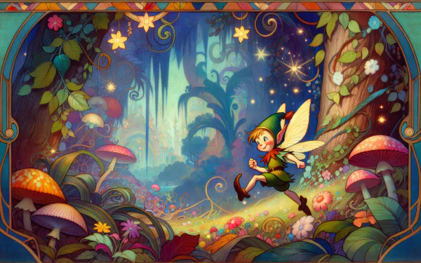 HD desktop wallpaper featuring a whimsical pixie flying through an enchanted forest with vibrant mushrooms and flowers.