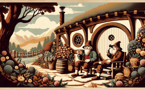 A whimsical HD wallpaper featuring two hobbits relaxing outside a cozy dwelling, surrounded by lush foliage and a scenic landscape of mountains and trees.