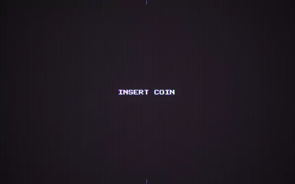 Alt Text: HD desktop wallpaper with pixel art style featuring the text 'INSERT COIN' inspired by The Finals video game theme, set against a dark background.
