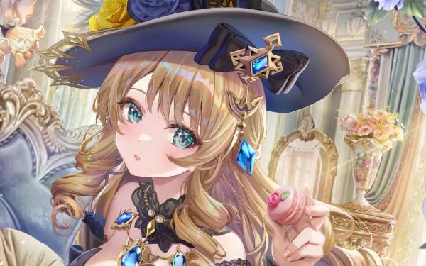 HD desktop wallpaper featuring Navia from Genshin Impact, depicted with a smile, holding a macaron, and dressed in a decorative witch's attire.