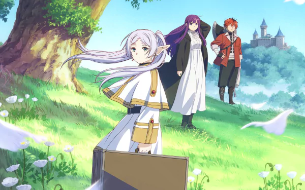 A serene HD wallpaper featuring characters from Frieren: Beyond Journey's End, with the protagonist in focus, standing in a lush landscape with companions in the background.