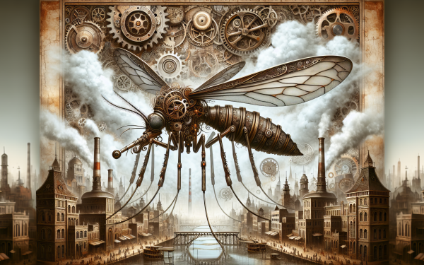 HD steampunk-themed desktop wallpaper featuring a mechanical mosquito flying over a cityscape with gears and smoke.