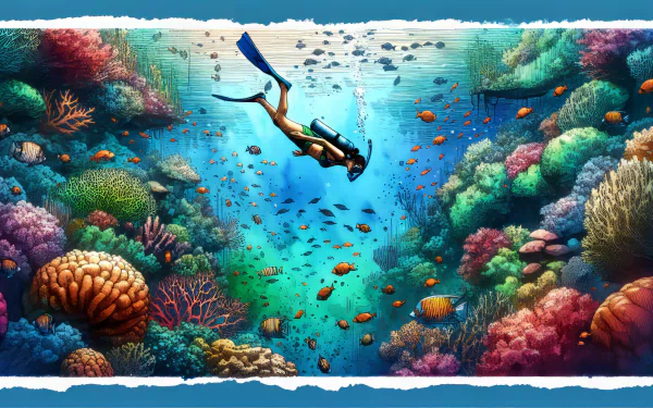HD desktop wallpaper featuring a vivid underwater scene with a person snorkeling amidst colorful coral reefs and tropical fish.