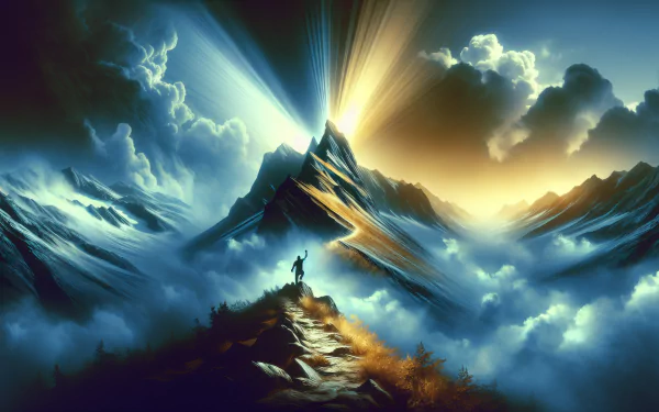 High-resolution desktop wallpaper of a person standing victoriously on a mountain peak with dramatic sunrise and clouds, symbolizing success.