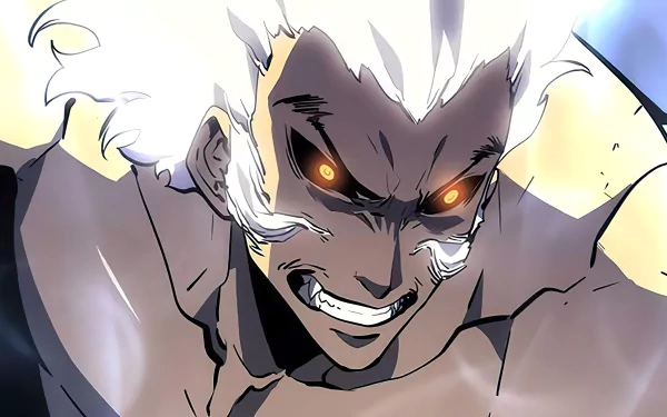 A dynamic HD desktop wallpaper featuring Baek Yoon-Ho from the anime Solo Leveling, showcasing an intense expression with glowing eyes and powerful energy.