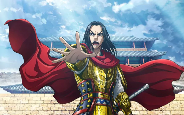 HD anime wallpaper from Kingdom featuring a commanding character in regal armor with a flowing red cape, set against an ancient palace backdrop.