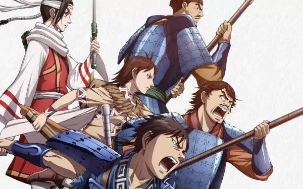 HD Kingdom anime desktop wallpaper featuring dynamic characters equipped with traditional weaponry, poised for battle.