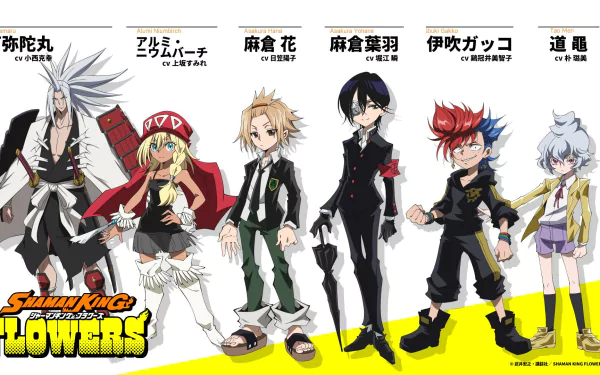 HD desktop wallpaper featuring characters from Shaman King Flowers anime, with vibrant illustrations set against a yellow background for fans of the series.