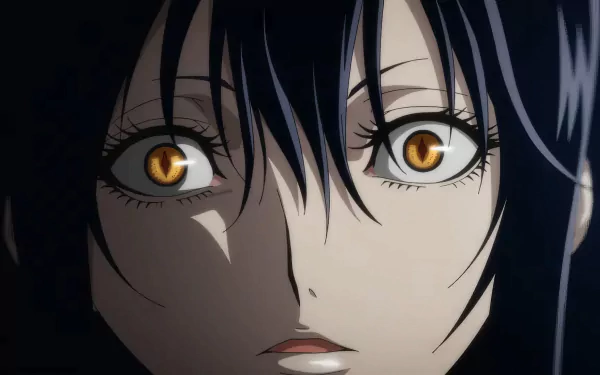 Anime character close-up with golden eyes from 'The Witch and the Beast' as an HD desktop wallpaper and background.