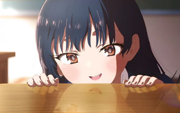 Close-up of Anna Yamada from the anime The Dangers in My Heart, illustrated in vibrant 8K Ultra HD detail, peeking over a wooden surface with a playful expression.