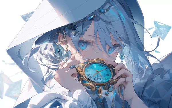 HD anime girl desktop wallpaper featuring a character with striking blue eyes holding a golden compass, set against a crystalline blue background.