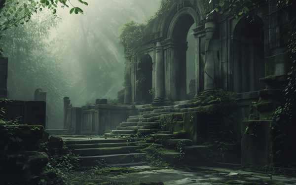 HD desktop wallpaper of a mysterious ancient ruin covered in moss, nestled in a misty forest, perfect for a atmospheric background.
