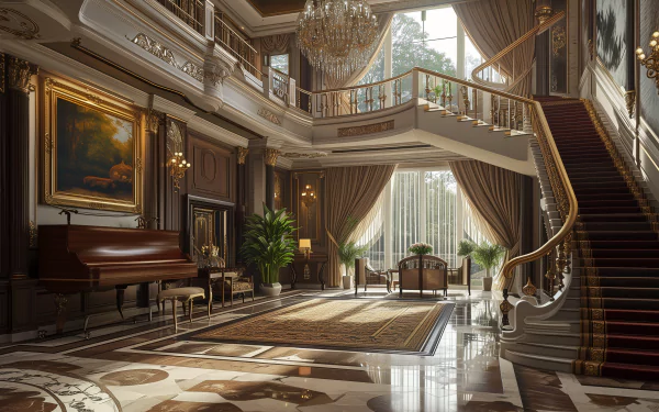 A luxurious interior with a grand staircase, elegant furnishings, and a chandelier, showcasing opulence and style in this HD desktop wallpaper and background.