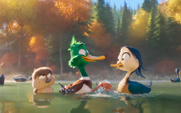 HD desktop wallpaper featuring animated ducks from the movie Migration (2023) in a serene autumnal lake setting.
