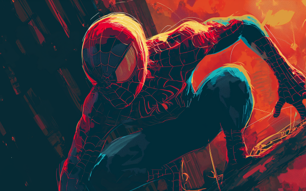 HD wallpaper featuring Spider-Man in a dynamic comic book-style pose with vibrant red and blue colors, perfect for a superhero-themed desktop background.