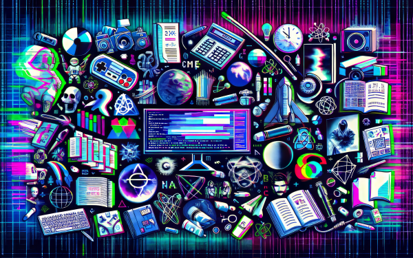 Alt Text: Colorful HD desktop wallpaper showcasing an eclectic collection of nerd-themed icons including vintage cameras, scientific calculators, electronic circuits, and popular science symbols, perfect for a geeky background.