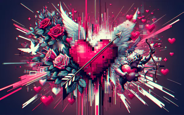 Happy Valentine's Day HD desktop wallpaper featuring a stylized heart with roses and cupid in a dynamic, colorful design.