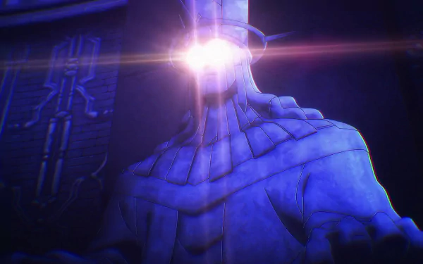 A striking HD desktop wallpaper featuring the Statue of God from Solo Leveling, illuminated with a mysterious glow, set against a dark, atmospheric background.