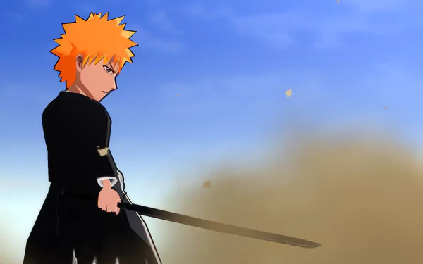 HD wallpaper of a Bleach: Brave Souls video game character standing with a sword against a dust-cloud background for desktop.