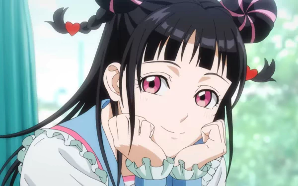 A vibrant HD wallpaper featuring a character from the anime Bucchigiri?! with pink eyes and playful hair, set against a bright, cheerful background.