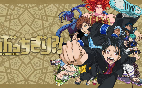 HD desktop wallpaper featuring characters from the anime Bucchigiri?!, showcasing vibrant artwork and dynamic poses against a patterned background.