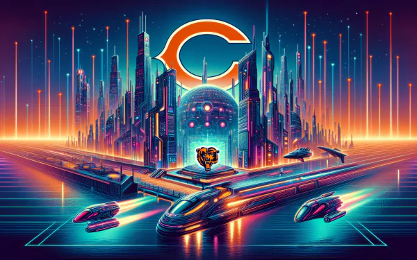 HD desktop wallpaper featuring a futuristic cityscape with the Chicago Bears logo at the center, highlighted by neon lights and accompanied by stylized futuristic vehicles.