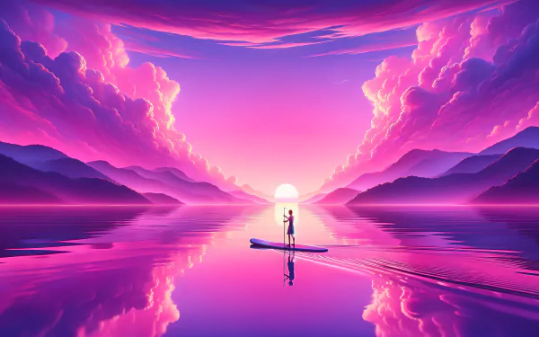Person on a paddle board in a serene lake at sunset, with vivid purple clouds, for HD desktop wallpaper and background.