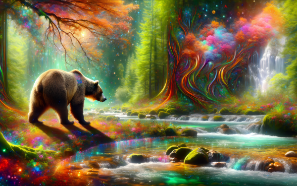 HD wallpaper featuring a majestic grizzly bear wandering near a vibrant, mystical river with colorful forest background suitable for desktop and background use.