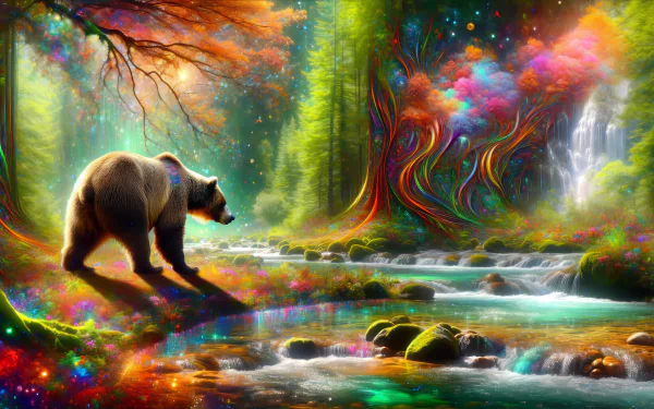 HD wallpaper featuring a grizzly bear in a vibrant, mystical forest with a colorful, magical river backdrop.