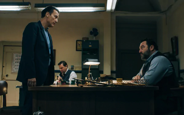 HD desktop wallpaper featuring a scene from the TV Show Monsieur Spade with two characters in an office setting.