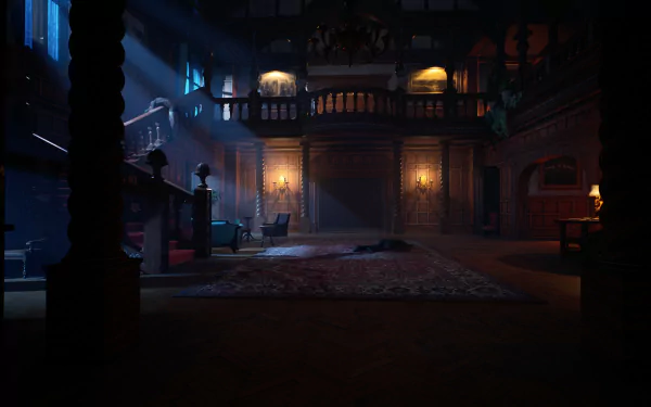 HD wallpaper of a moody interior scene from Vampire: The Masquerade - Bloodlines 2 video game, featuring Gothic architecture and ambient lighting.