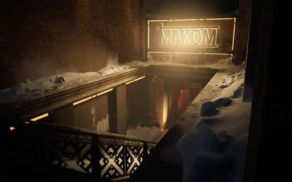 HD desktop wallpaper featuring a moody scene from Vampire: The Masquerade - Bloodlines 2 with a neon sign reflecting on a puddle amidst snow.