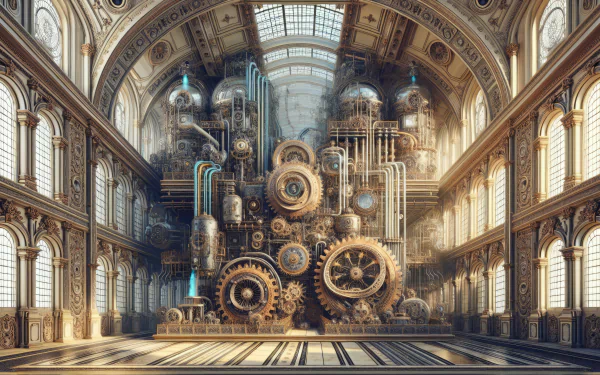 HD steampunk-inspired machinery wallpaper with intricate gears and mechanical parts in grand hall for desktop background.