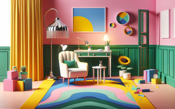 Colorful HD desktop wallpaper featuring a stylized interior with vibrant décor and abstract art.