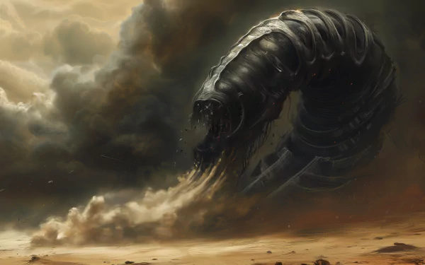 High-definition desktop wallpaper featuring an artistic rendering of a colossal sandworm emerging from the desert sands under a stormy sky.