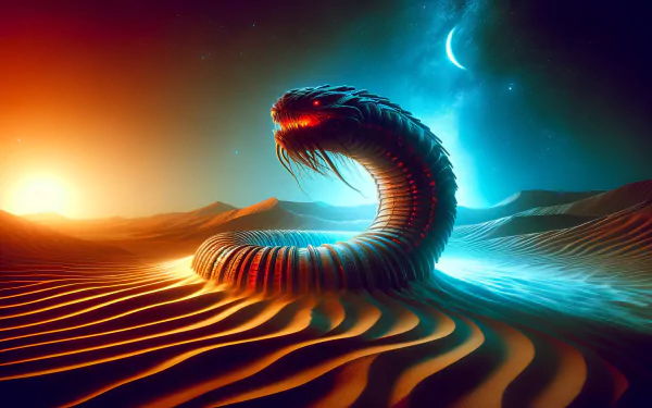 HD desktop wallpaper featuring an artistic depiction of a majestic sandworm emerging from desert dunes under a starry twilight sky.