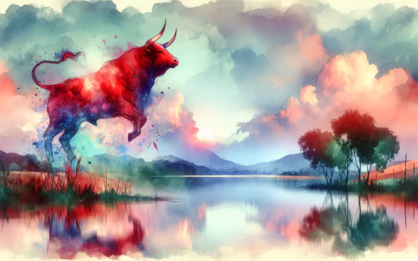 Artistic Red Bull illustration wallpaper with vibrant watercolor background of sunset and lake reflection for desktop HD.