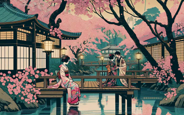 Romantic HD desktop wallpaper featuring an illustrated scene with two people in traditional attire by a pond with cherry blossoms and Japanese architecture.