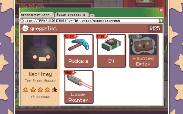HD desktop wallpaper from the video game Turnip Boy Robs a Bank featuring an in-game shop interface with items for sale such as a pickaxe, C4, haunted brick, and laser pointer.
