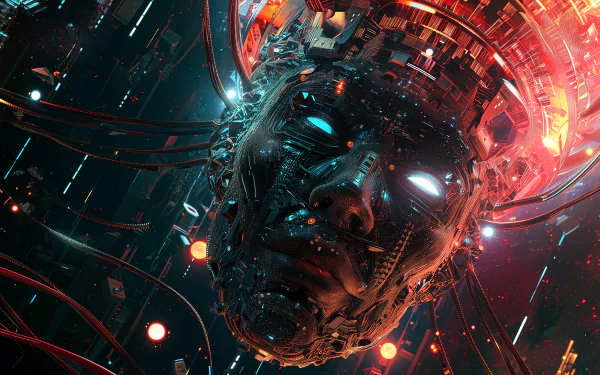 A stunning HD desktop wallpaper featuring a futuristic, robotic face surrounded by glowing circuits and vibrant lights, encapsulating the essence of artificial intelligence.