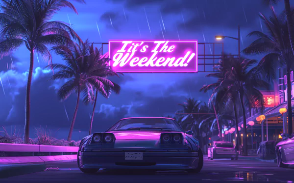 HD desktop wallpaper featuring a retro car under a neon It's The Weekend sign with a vibrant twilight streetscape background.